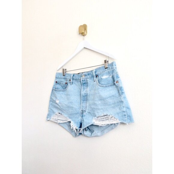 NEW! Levi's 501 Denim Jean Shorts Distressed Button Fly Cutoff Blue SZ 34 - Picture 4 of 8